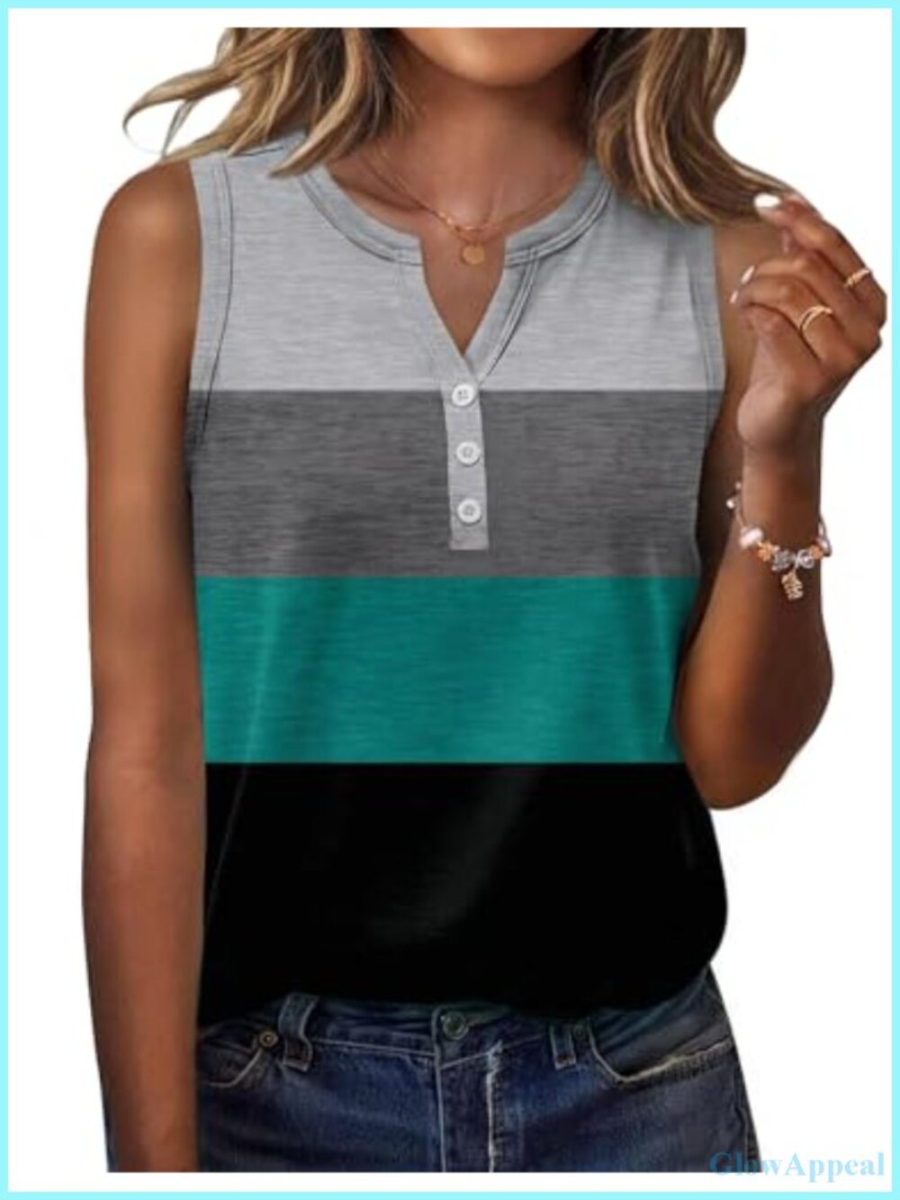 Women's Sleeveless V-Neck Tank Top with Button Detail - Dressy Casual Summer